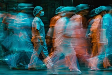 Abstract scene of medical staff in motion Showcasing the urgency and professionalism of healthcare workers