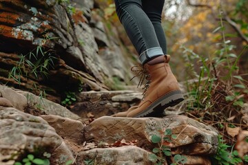 Adventurous hiker ascending a rugged trail Boots gripping the terrain Showcasing the thrill of outdoor exploration