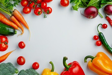 Assortment of fresh vegetables on a clean white surface Healthy food and nutrition concept
