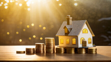 House model and coin stack on wooden table with bokeh background. Real estate concept. - 747727373