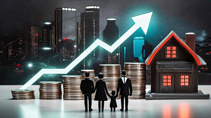 Real estate concept. Miniature of business people standing on pile of coins with house and graph. - 747727388
