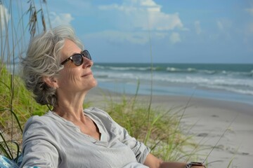 Fototapeta premium Beach serenity Mature woman's coastal contentment