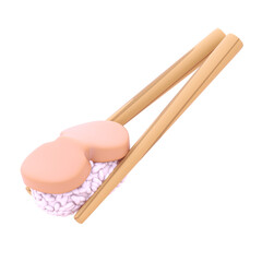 sushi with scallop topping pinched by wooden chopstick 3d illustration