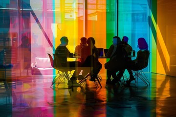 Colorful meeting room with silhouettes of people collaborating Highlighting teamwork and creativity