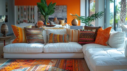 Modern living room with wooden floor, orange walls, center carpet and white sofa set. Created with Ai