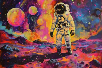 Colorful pop art painting of an astronaut exploring a vibrant bubble galaxy on an alien planet Combining sci-fi and artistic creativity.