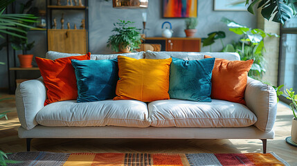 Comfortable sofa and colorful cushion, Living room interior design. Created with Ai