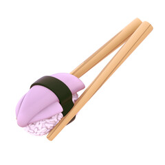 sushi with squid topping pinched by wooden chopstick 3d illustration