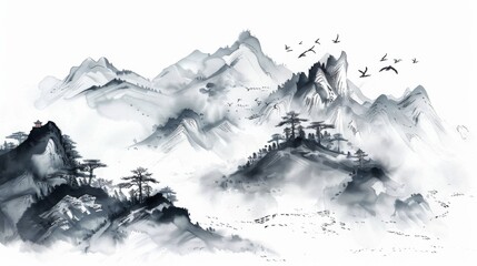 Fototapeta na wymiar Misty Sunrise Over Alpine Mountains with Foggy Valley View Chinese ink style