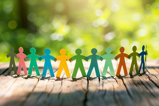 Community unity symbolized by paper figures holding hands in a circle