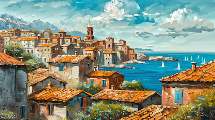 Panoramic view of the old mediterranean town. Horizontal oil pai - obrazy, fototapety, plakaty