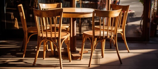 A group of sturdy wooden chairs are arranged neatly around a wooden table in a cozy cafe setting. The chairs are empty, waiting for customers to sit and enjoy a meal or conversation.