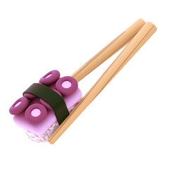 sushi with octopus tentacle topping pinched by wooden chopstick 3d illustration