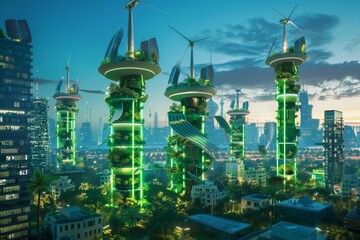 Cyberpunk A futuristic renewable energy complex with vertical wind turbines and high-efficiency solar panels in an urban setting Scenic contrast: glittering city at night, another bathed in sunset	 - obrazy, fototapety, plakaty