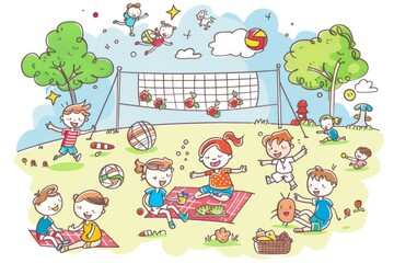 Cartoon cute doodles of friends having a picnic and playing volleyball at the park, Generative AI