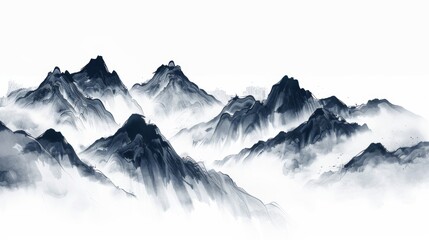 Misty Sunrise Over Alpine Mountains with Foggy Valley View Chinese ink style