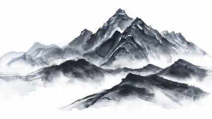 Misty Sunrise Over Alpine Mountains with Foggy Valley View Chinese ink style - obrazy, fototapety, plakaty