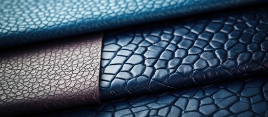 Close-up of blue leather samples swatch with rough and weave pattern leatherette sample for interior upholstery works.
