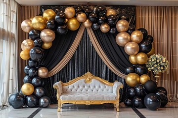 Luxurious event backdrop with black and gold balloons and elegant decor
