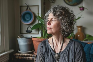 Meditative middle-aged woman practicing mindfulness at home Embodying a theme of tranquility and self-care for a balanced life