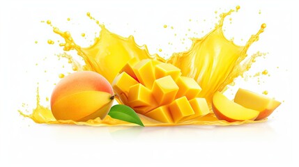 mango slices with splash of mango juice isolated on transparent background