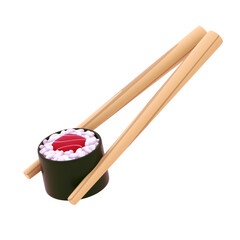 sushi roll wrapped in seaweed with fresh tuna filling pinched by wooden chopstick 3d illustration