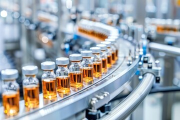 Pharmaceutical production line with medical vials Highlighting precision and innovation in the healthcare industry