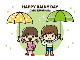 Clip art of children cheerfully putting up an umbrella on a rainy day