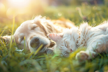 Cute dog and cat laying together on a green grass field, on a sunny day. Sleepy relaxed, healthy animals. 