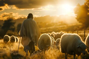 Shepherd scene with jesus christ guiding and protecting his flock in a field Symbolizing care Leadership And faith under divine light. - obrazy, fototapety, plakaty
