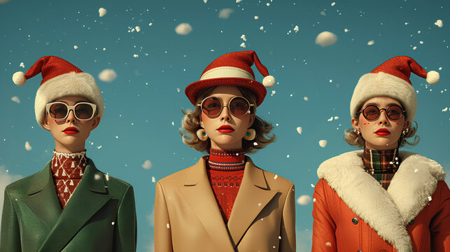 Eccentric and quirky people dressed in retro Christmas attire - low angle shot - holiday fun - Santa -Christmas hats 