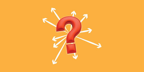 Red question mark on yellow background Multi-directional arrows. There is space to place text. Used in graphic design, banners, web designs, presentations.