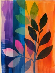 A painting depicting leaves in various shapes and sizes, set against a vibrant multicolored background. The leaves appear to be detailed and realistic.