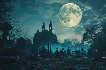 Spooky halloween graveyard scene with a castle silhouette in the background Under a full moon with eerie lighting