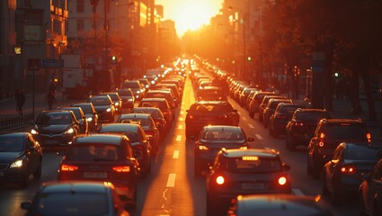 Many cars are stuck in traffic jams on the city roads, morning rush hour - obrazy, fototapety, plakaty