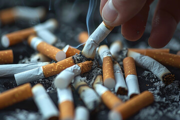 Hand grabbing a cigarette from a pile on the table - obrazy, fototapety, plakaty