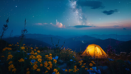Tourist tents atop a mountain with views of nature and the beautiful Milky Way at night, enjoy camping on the weekends - obrazy, fototapety, plakaty