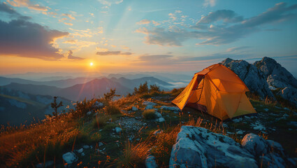 Tourist tents atop a mountain with a beautiful view of nature at sunrise, enjoy camping on the weekends - obrazy, fototapety, plakaty
