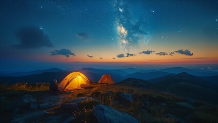 Fototapeta na wymiar Tourist tents atop a mountain with views of nature and the beautiful Milky Way at night, enjoy camping on the weekends