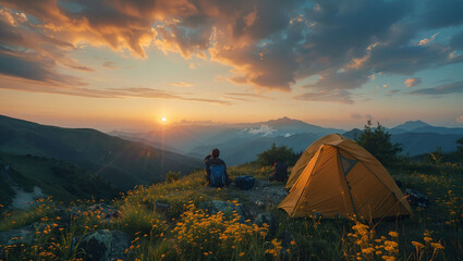 Tourist tents atop a mountain with a beautiful view of nature at sunrise, enjoy camping on the weekends