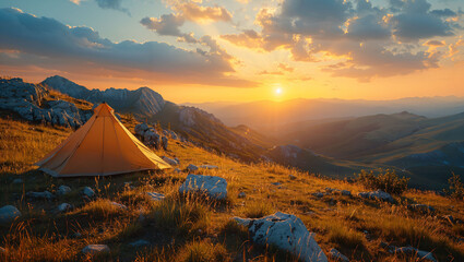 Tourist tents atop a mountain with a beautiful view of nature at sunrise, enjoy camping on the weekends - obrazy, fototapety, plakaty