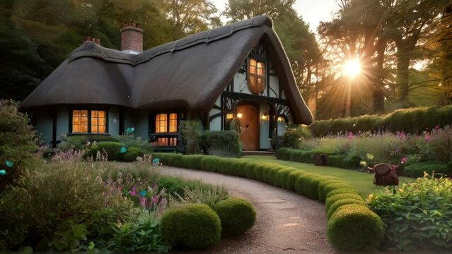 Luxury cottage in beautiful garden at sunset