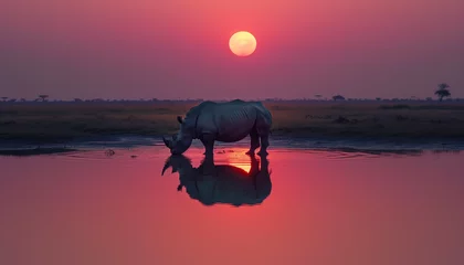Keuken spatwand met foto A rhinoceros drinks from a water hole against the backdrop of a pink sunset on the African savannah © Seasonal Wilderness