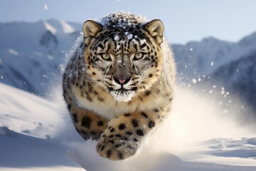 A snow leopard runs through the snow. wildlife.