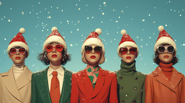 Eccentric and quirky people dressed in retro Christmas attire - low angle shot - holiday fun - Santa -Christmas hats  - Powered by Adobe