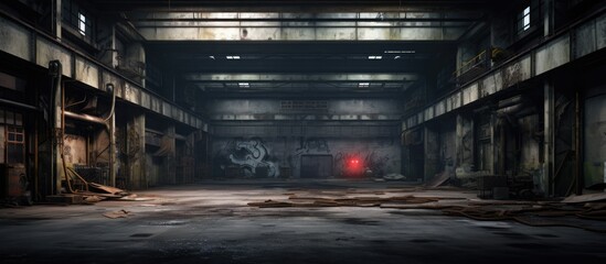 An abandoned industrial building with a dark and gritty atmosphere, illuminated by a single red light in the center. The red light casts eerie shadows and adds a sense of mystery to the interior.