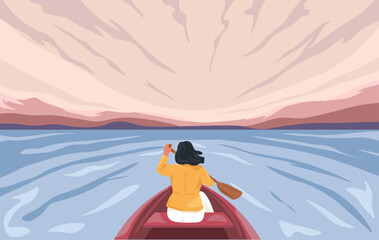 Woman rowing on lake or river, lady in boat vector - obrazy, fototapety, plakaty