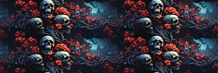 Seamless pattern with skeleton skulls death in cemetery on a dark background. Festive scary texture for decorating textiles and fabrics for Halloween and Dia de Muertos