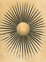 A detailed black and white drawing depicting a radiant sunburst with intricate rays extending in all directions.