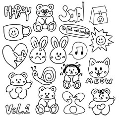 Kid drawing style outlines of teddy bear, rabbit, cat, egg, sun, happy font for stickers, tattoo, fabric print, decorations, logo, card, pattern, toy, doll, cartoon character, comic, colouring book